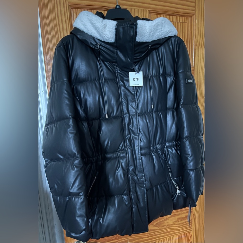 NWT: DKNY Faux Leather hooded anorak puffer coat